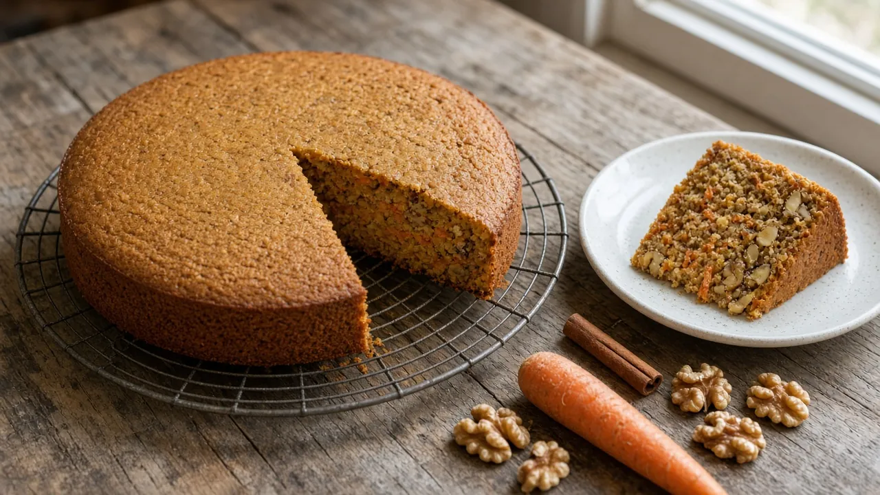 Gluten-free spiced carrot cake made with grated carrots, eggs and packed light brown sugar