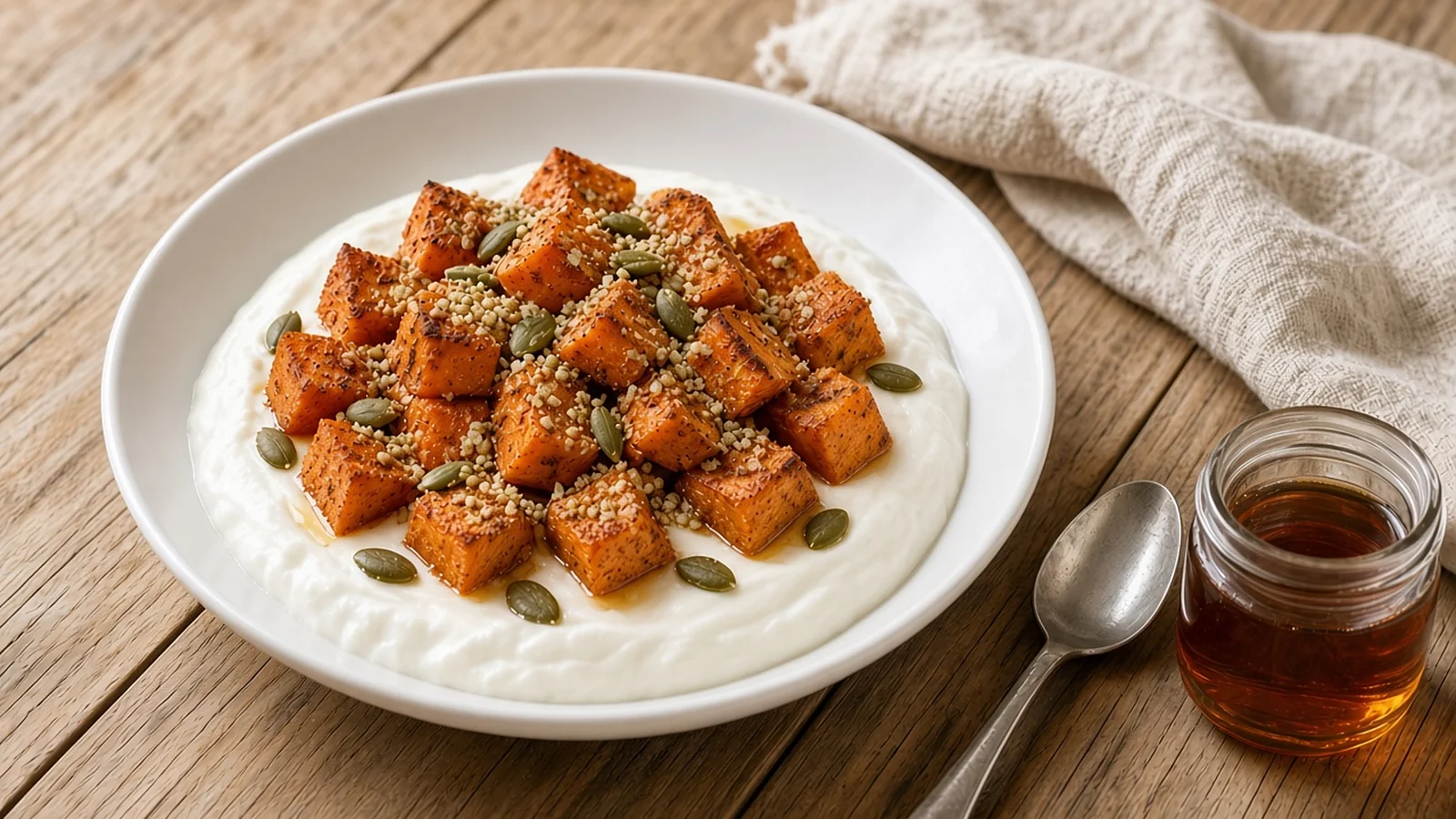 Gluten-free sweet potato breakfast bowl on a plate