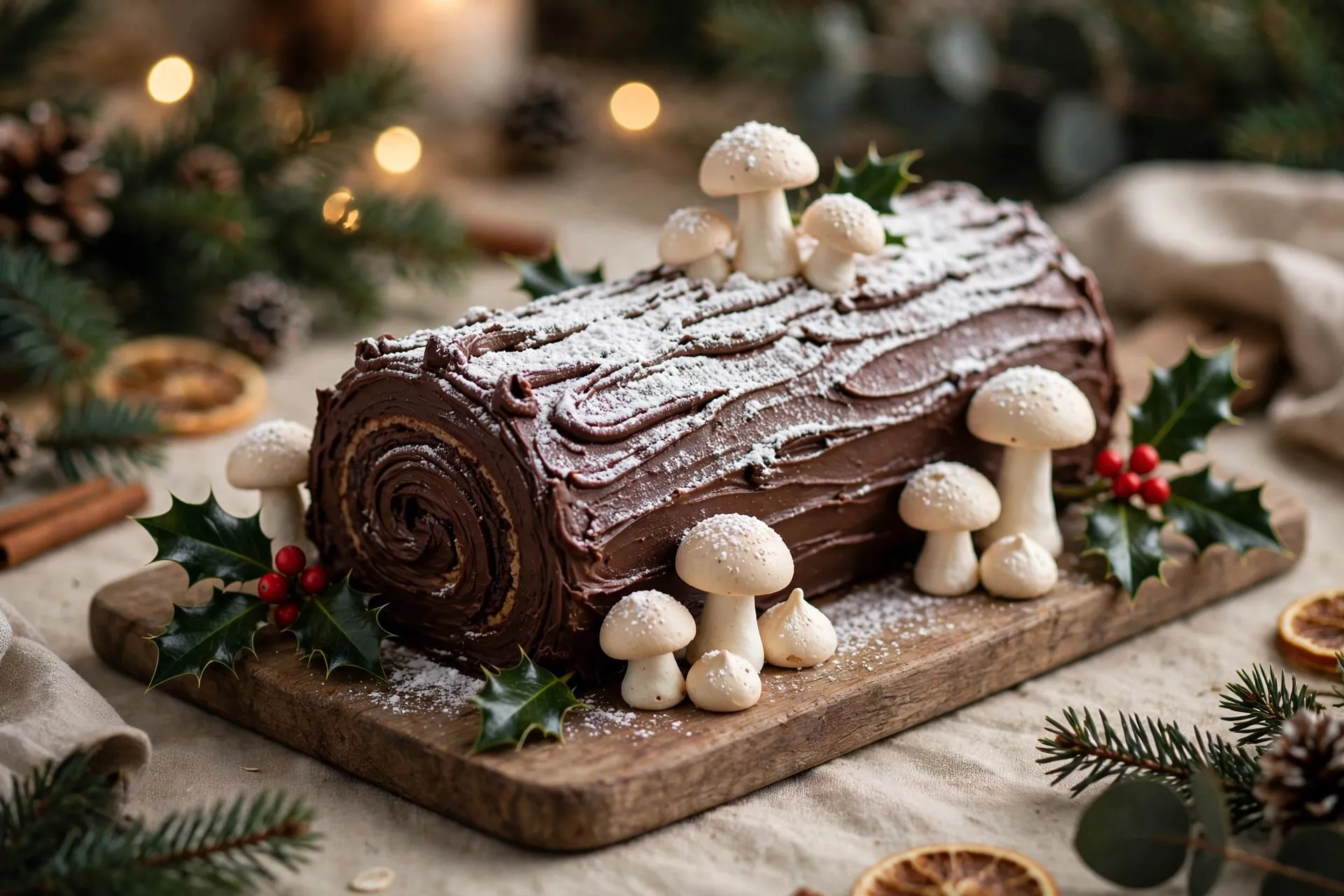 Gluten-free yule log (buche de noel) on a plate