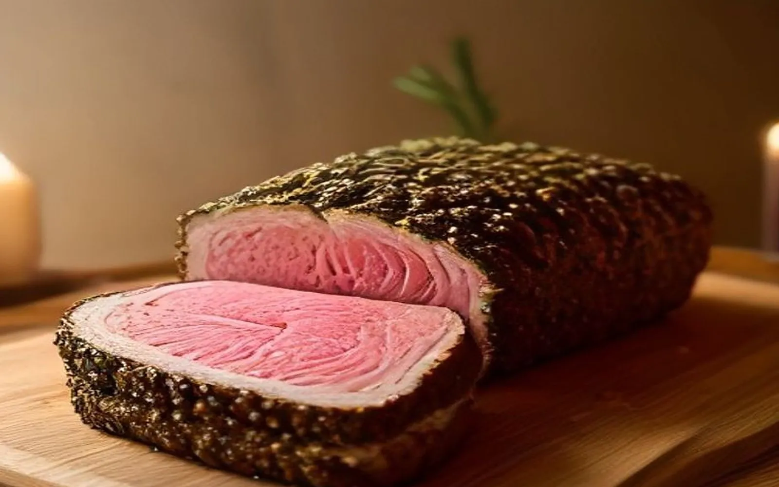 Gluten-free herb-crusted prime rib on a plate