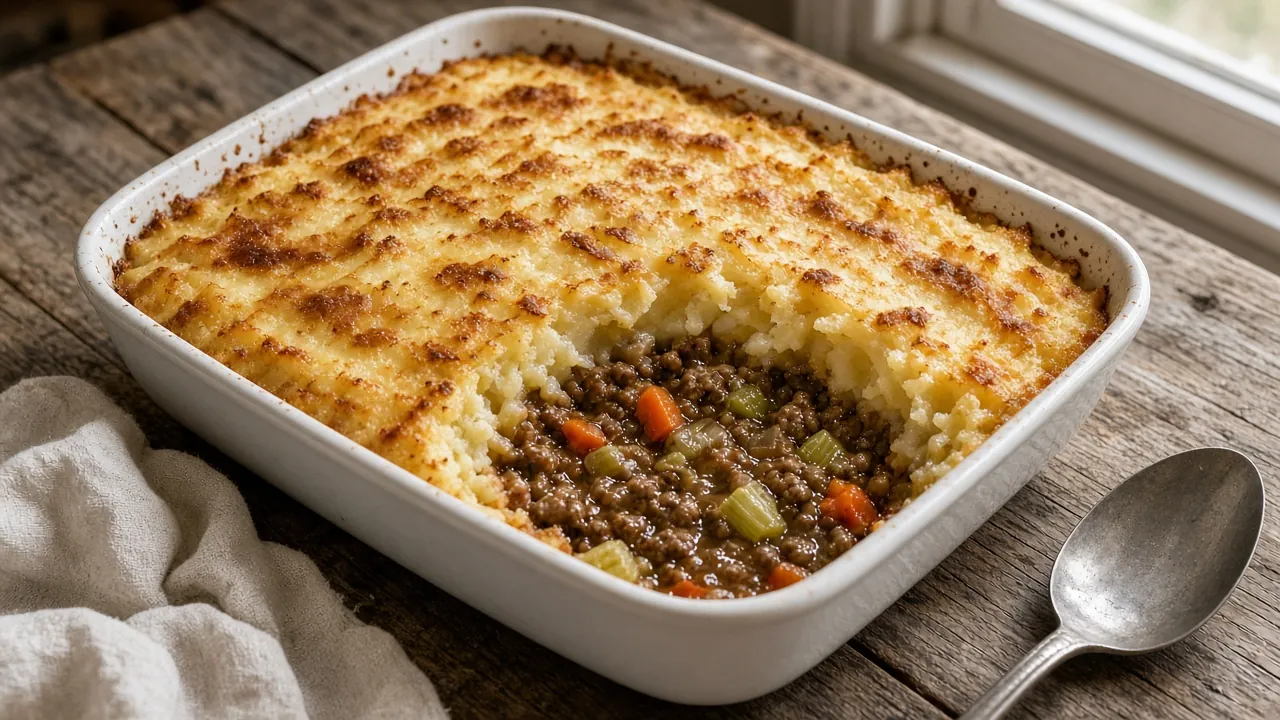 Gluten-free shepherd's pie with potato top on a plate