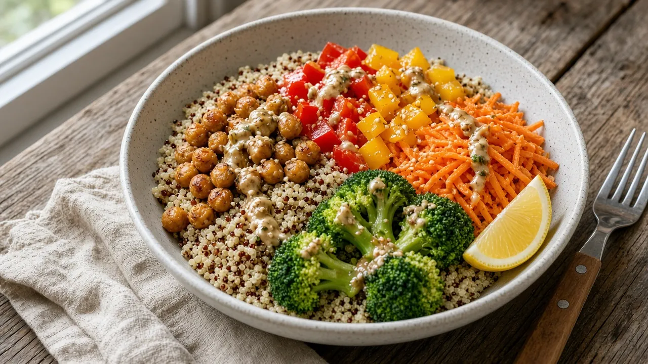 Gluten-free harvest grain bowl on a plate
