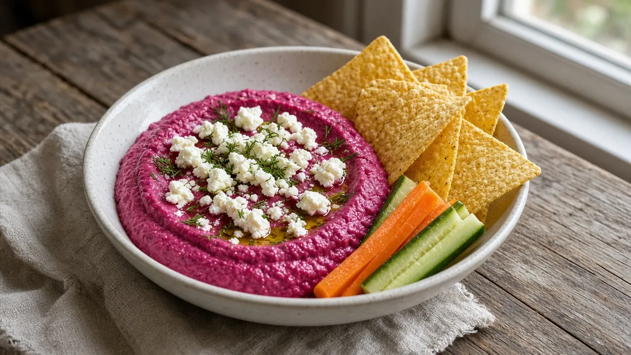 Gluten-free beet and feta dip on a plate