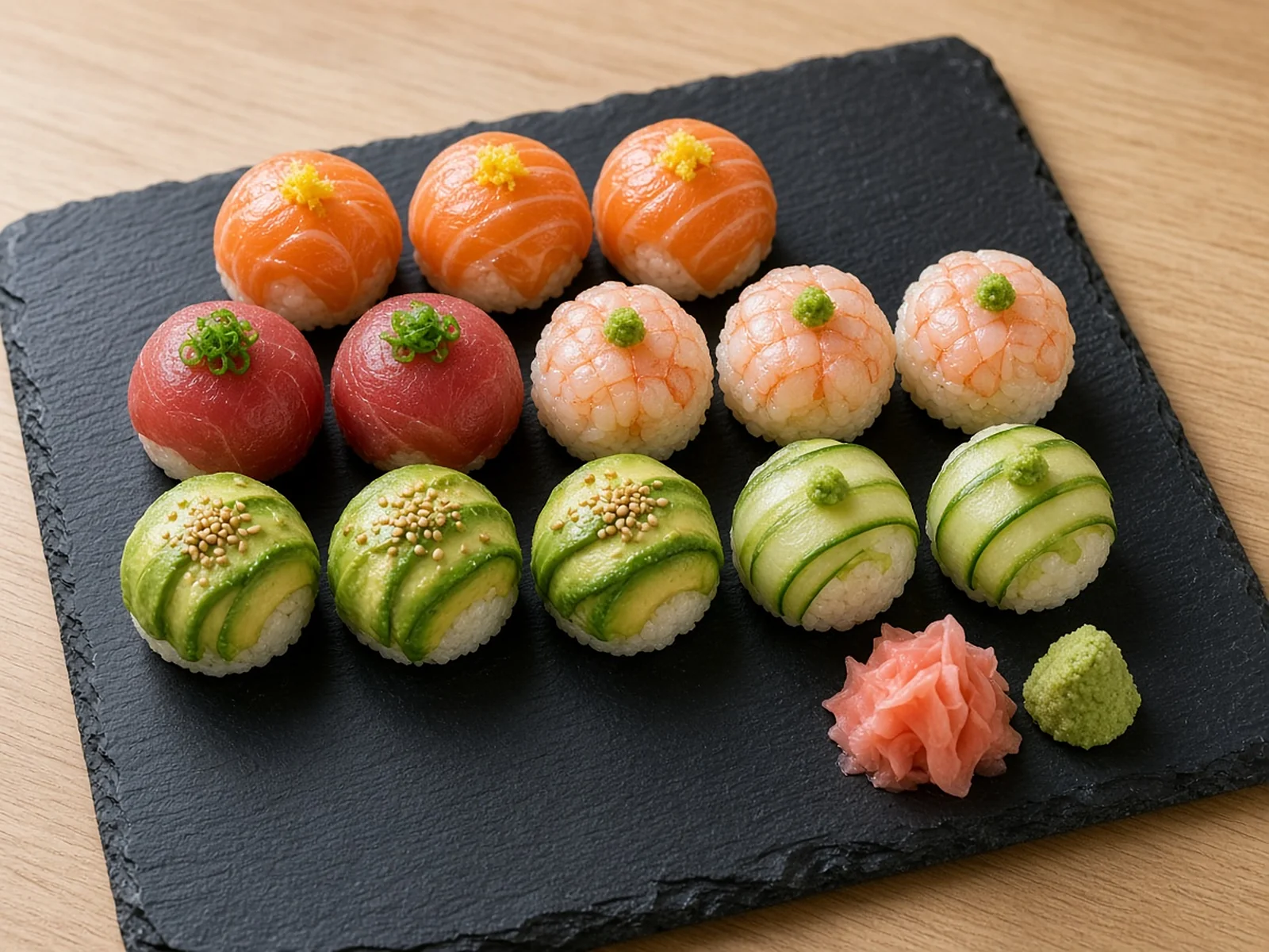 Gluten-free omakase-style temari sushi bites on a plate