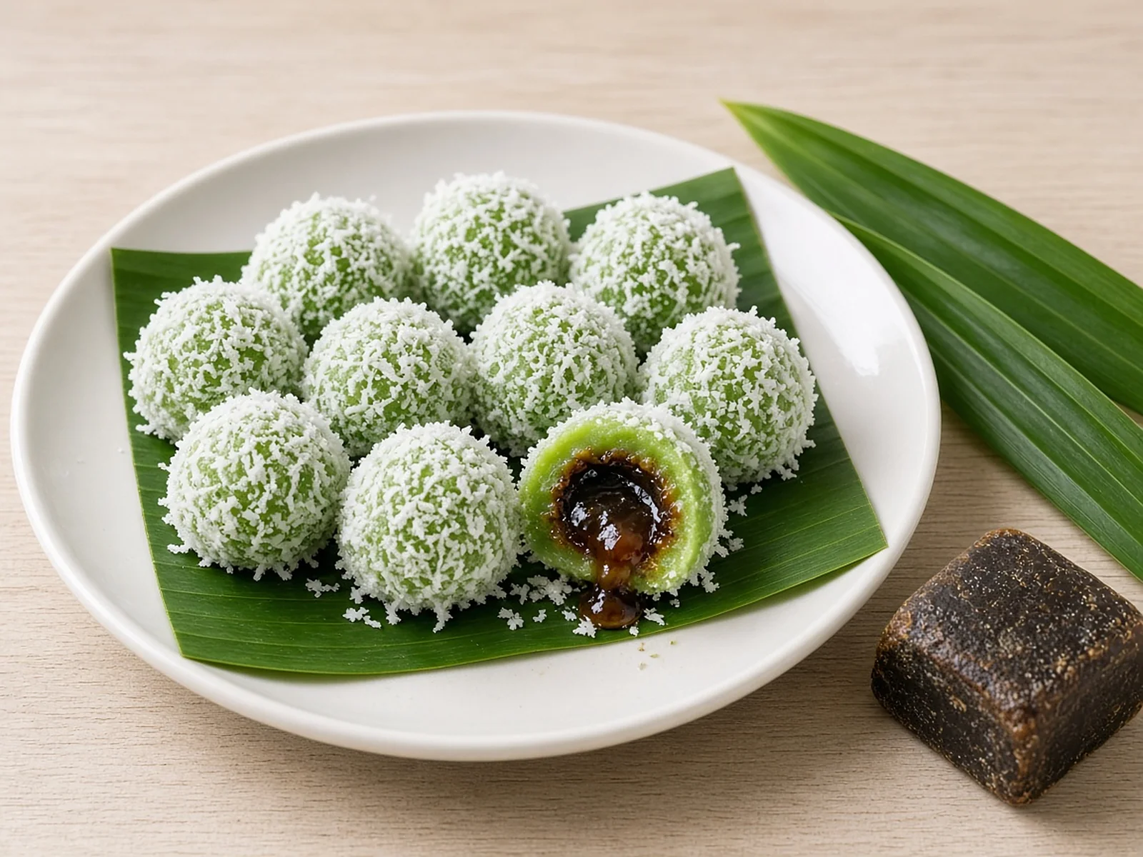 Gluten-free malay kueh: onde-onde (pandan palm sugar balls) on a plate