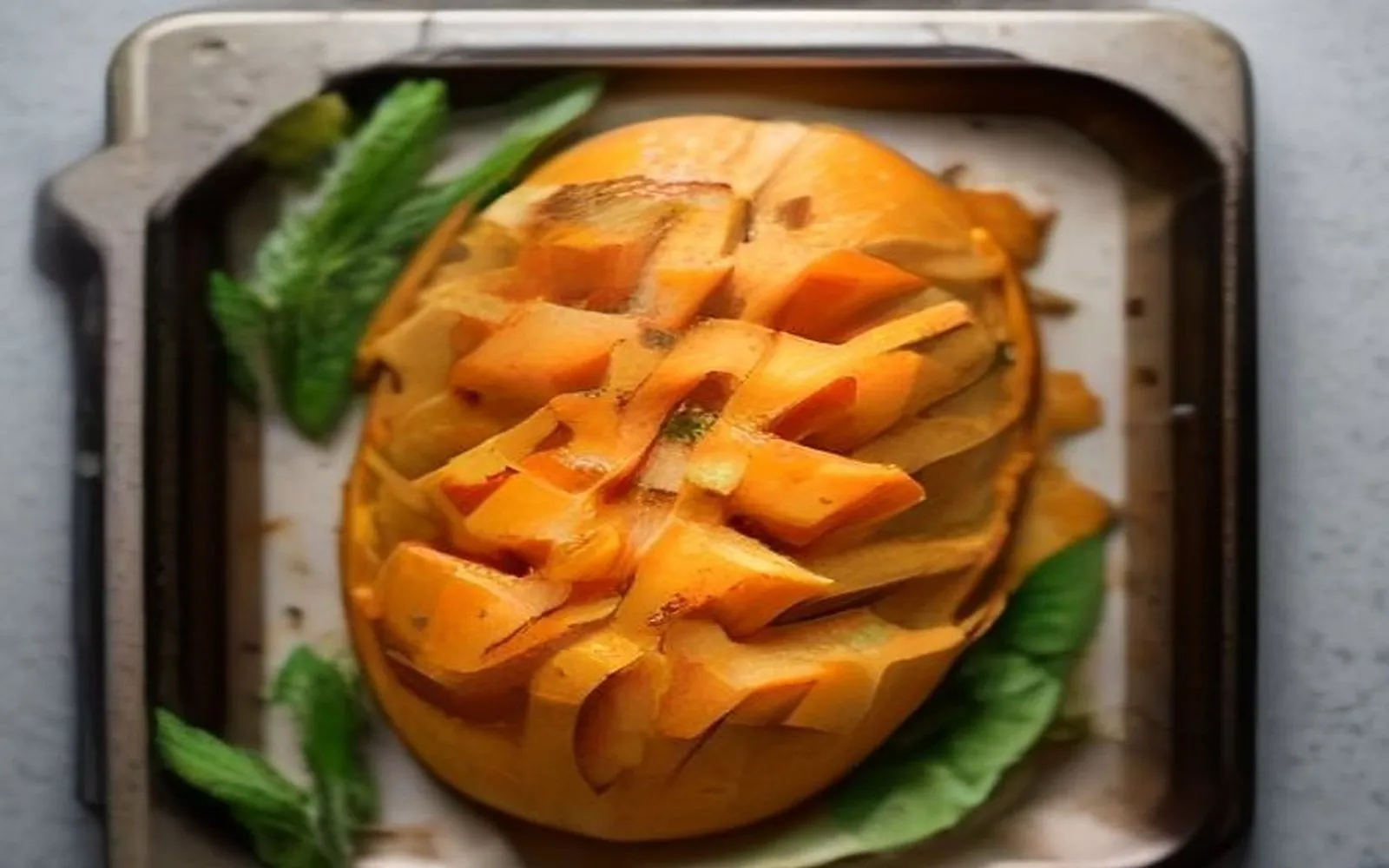 Gluten-free hasselback butternut squash with sage brown butter on a plate